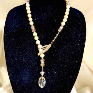 💖Stylish Fashion Cream Pearls, w/ Lt. Smokey Topaz Crystal Beading 28 inch /N69